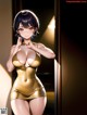 A woman in a gold bathing suit standing in front of a mirror.